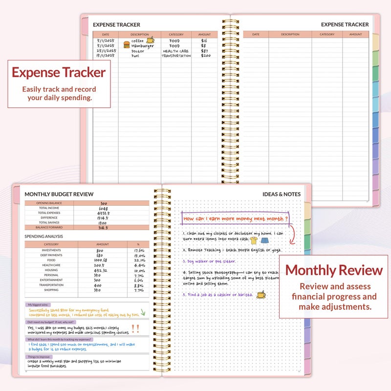 ساني مخطط ميزانية SUNEE - كتاب ميزانية شهرية مع دفتر ملاحظات لتتبع النفقات، A4 (8.5 بوصة × 11 بوصة) منظم فاتورة غير مؤرخ لمدة 12 شهرًا ومخطط مالي لإدارة أموالك، دفتر حساب مع علامة تبويب ملونة، وردي - Image 4